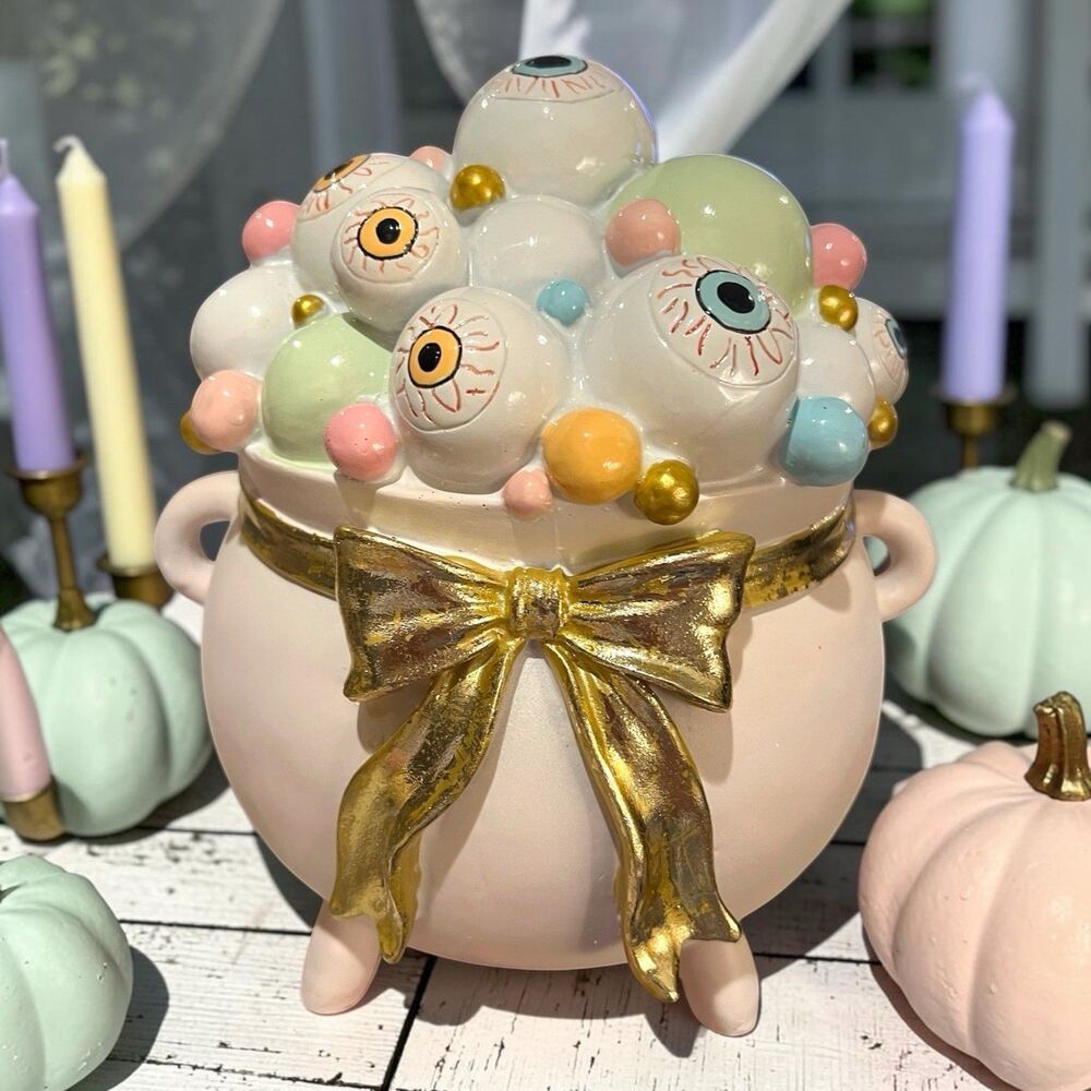 Whimsical Pastel Goth Eyeball Cauldron Halloween Figurine Summerween Gold Bow